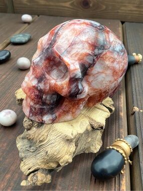 Hand-Carved Fire Quartz/Ox Blood Skull Decorative Accent 1lb 8oz